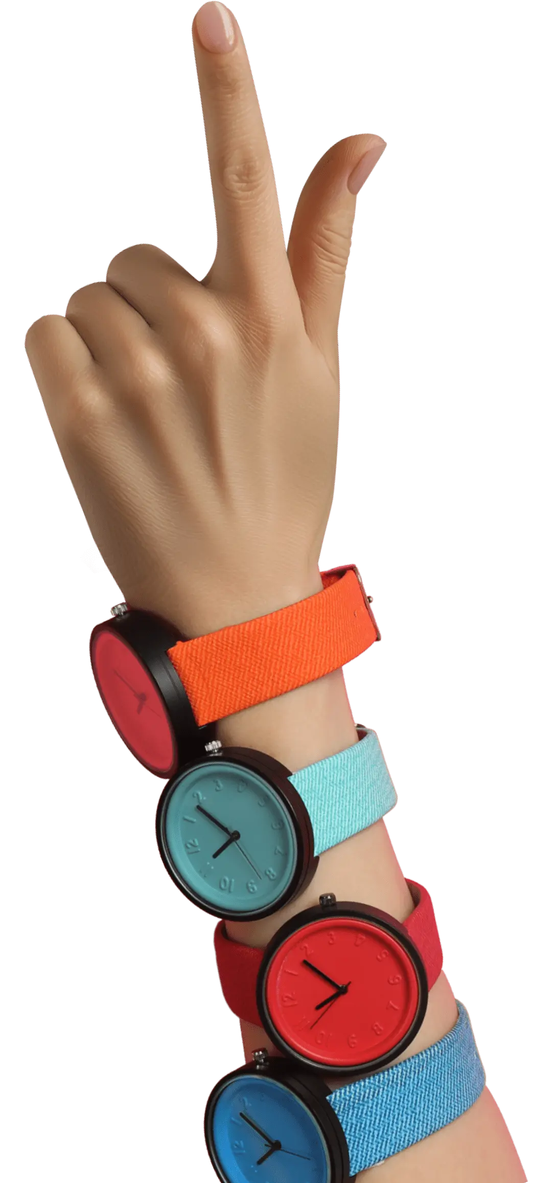 一只手指着上方,手上戴着三只橙色、青色和红色的手表。